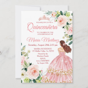 Convites Quinceanera Blush Floral Cor-de-Rosa, Noivado Mexi
