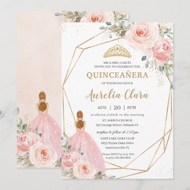 Convites Quinceañera Blush Floral Cor-de-Rosa - Ontem (Frente/Verso)