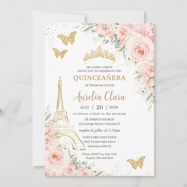 Convites Quinceañera Blush Floral Paris Eiffel Champagne (Frente)