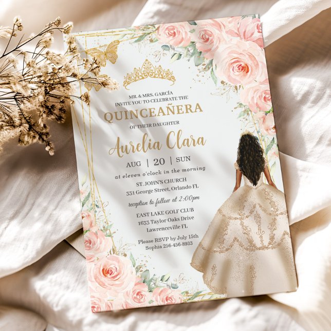Convites Quinceanera Blush Floral Princesa Champanhe Vestid (Criador carregado)