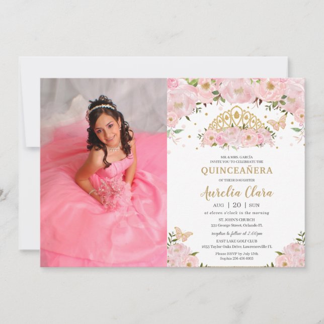 Convites Quinceañera Blush Floral Princesa Rosa Foto (Frente)
