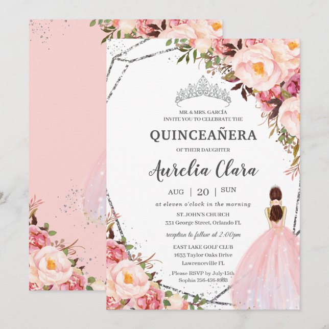 Convites Quinceañera Blush Floral Princesa Rosa Silver (Frente/Verso)