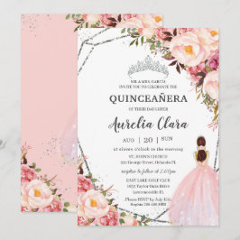 Convites Quinceañera Blush Floral Princesa Rosa Silver