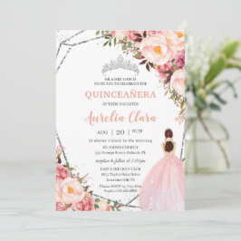 Convites Quinceañera Blush Floral Princesa Rosa Silver Invi