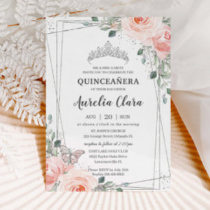 Convites Quinceañera Blush Floral Rosa, Cor-de-Rosa, Coroa
