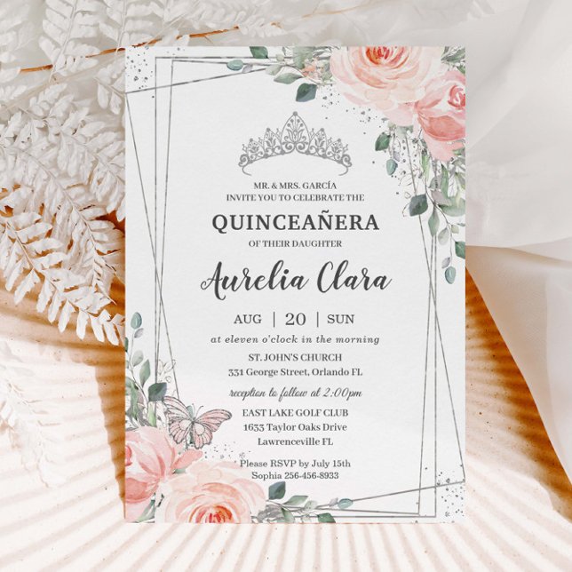 Convites Quinceañera Blush Floral Rosa, Cor-de-Rosa, Coroa (Criador carregado)