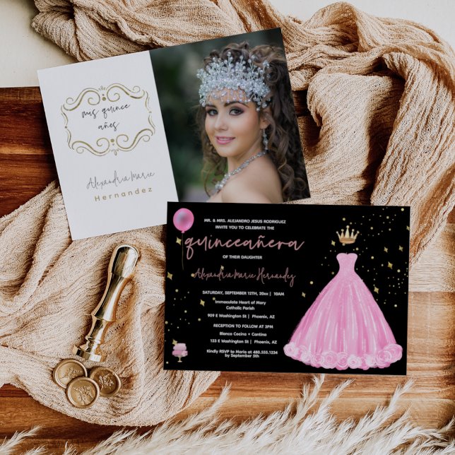 Convites Quinceañera Blush Floral Rosa Princesa Rosa Tiara  (Criador carregado)