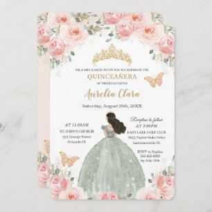 Convites Quinceañera Blush Floral Rosa Sage Vestido Verde