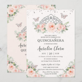 Convites Quinceañera Blush Floral Rosa Tiara Borboletas