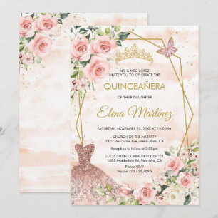 Convites Quinceanera Blush Flores Rosa Borboleta