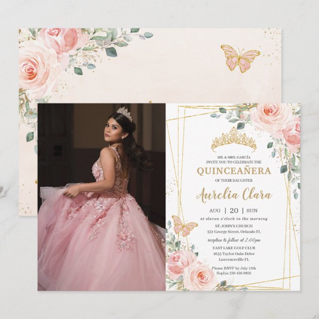 Convites Quinceañera Blush Florflies Foto (Frente/Verso)