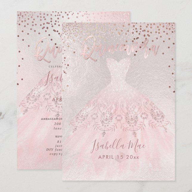 Convites Quinceanera Blush Gown+Confetti Iridescente Bckgra (Frente/Verso)