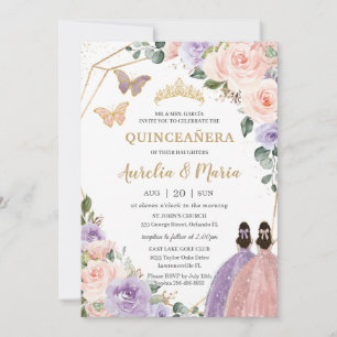 Convites Quinceañera Blush Lilac Roxo Rosa Gêmeas Florais