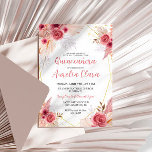 Convites Quinceañera Blush Pampas Rosa Grama Floral