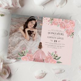 Convites Quinceañera Blush Ping Dourada Princesa Floral Fot