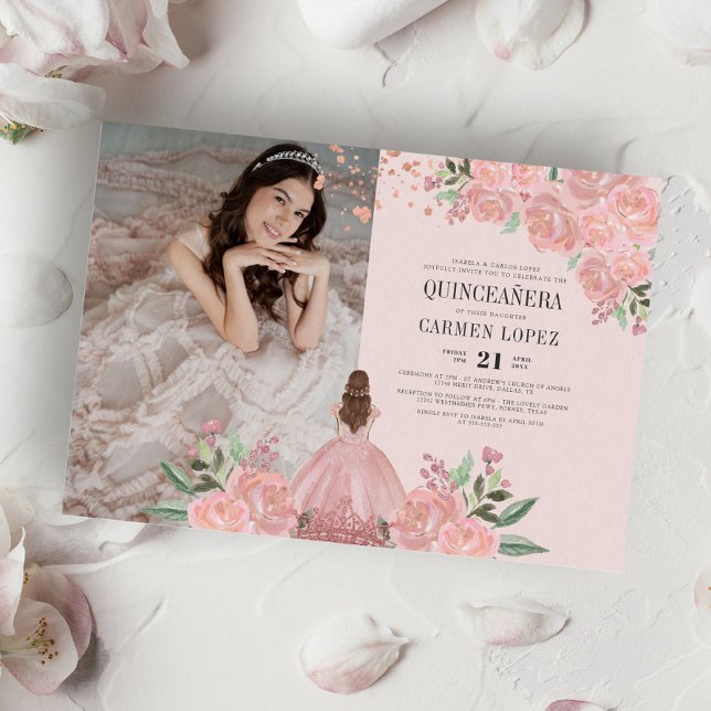 Convites Quinceañera Blush Ping Dourada Princesa Floral Fot (Criador carregado)