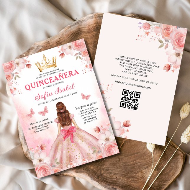 Convites Quinceañera Blush Pink Código QR Floral (Criador carregado)