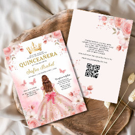 Convites Quinceañera Blush Pink Código QR Floral