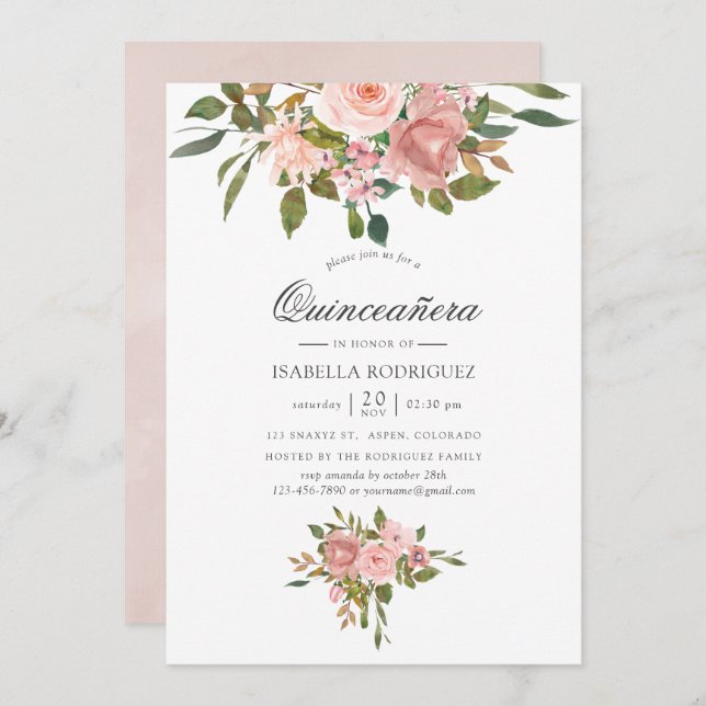 Convites Quinceañera Blush Pink e Rosa Dourada (Frente/Verso)