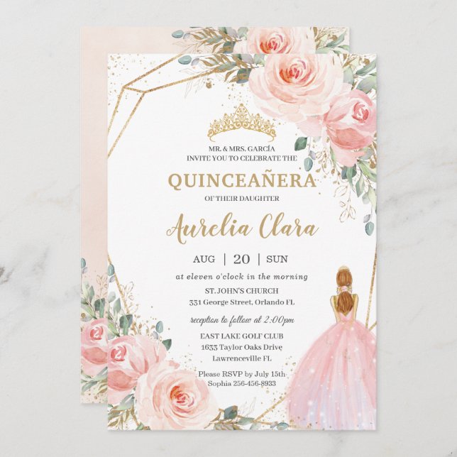 Convites Quinceañera Blush Pink Floral Mis Quince Anos (Frente/Verso)