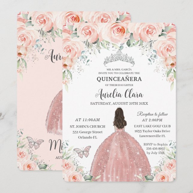 Convites Quinceañera Blush Pink Floral Rosa Princesa Prata (Frente/Verso)