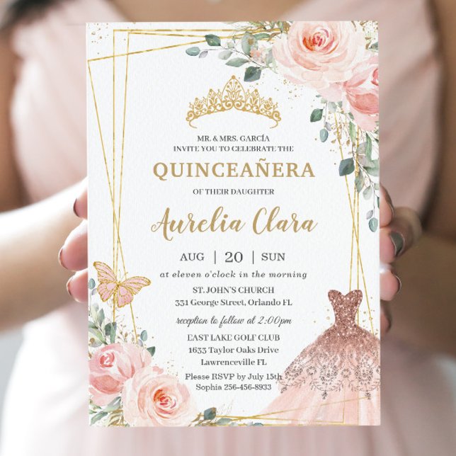 Convites Quinceañera Blush Pink Princesa Floral Rosa Gown T (Criador carregado)