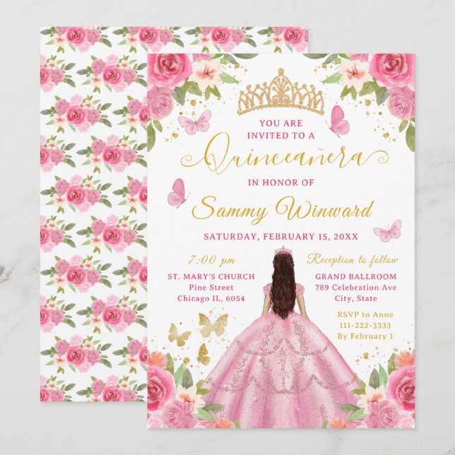 Convites Quinceañera Blush Pink Princess Brunette Girl (Frente/Verso)