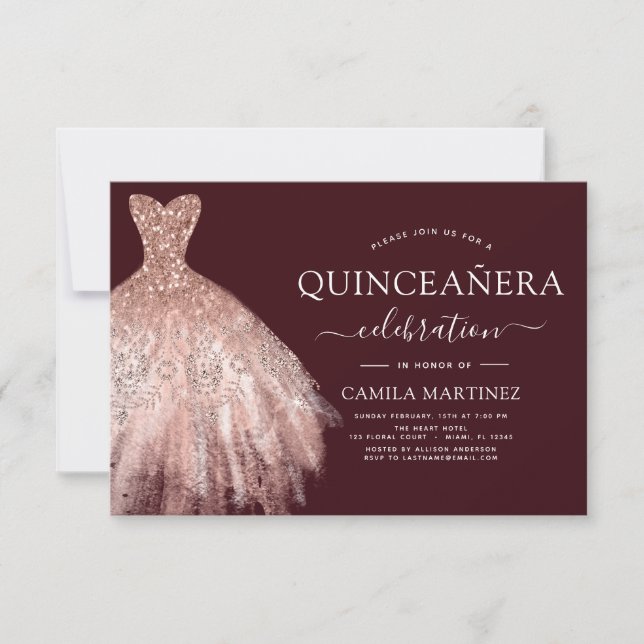 Convites Quinceanera Blush Pink - Rosa Dourado Burgundy (Frente)