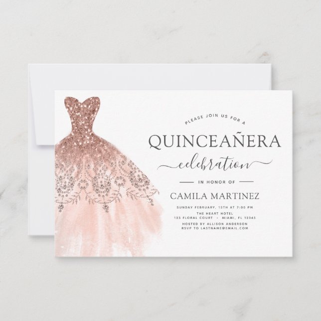 Convites Quinceanera Blush Pink - Rosa Dourado Glitter Spar (Frente)