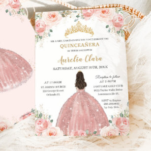 Convites Quinceañera Blush Pink Rosa Floral Dourada Princes