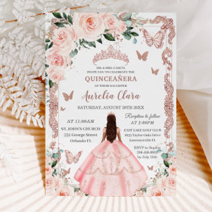 Convites Quinceañera Blush Pink Rosa Floral Dourada Princes