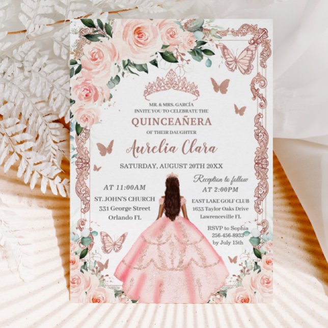 Convites Quinceañera Blush Pink Rosa Floral Dourada Princes (Criador carregado)