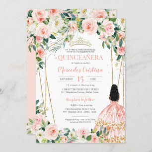 Convites Quinceanera Blush Pink Rose Dourada, garota de pal