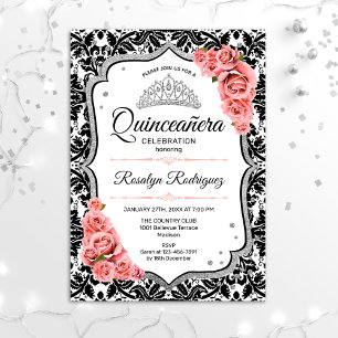 Convites Quinceanera - Blush preto branco - cor-de-rosa