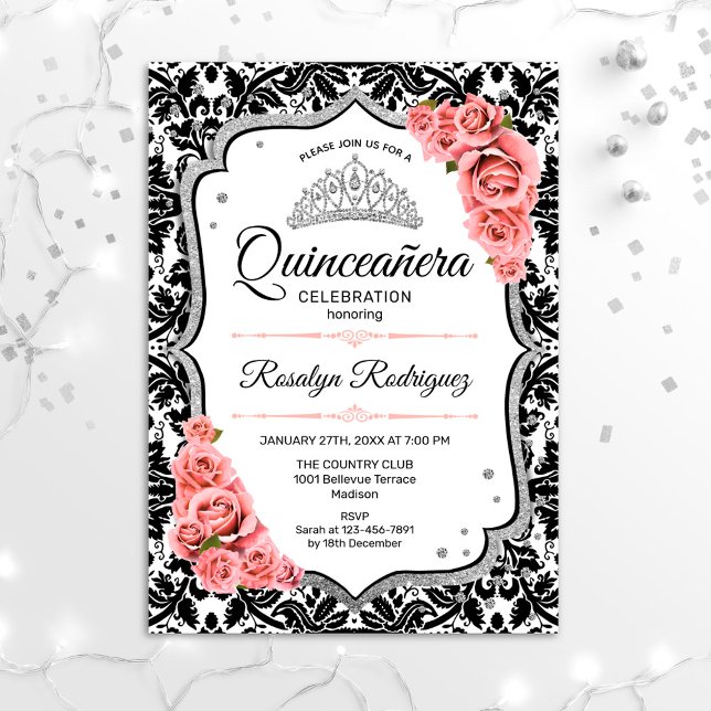 Convites Quinceanera - Blush preto branco - cor-de-rosa (Criador carregado)