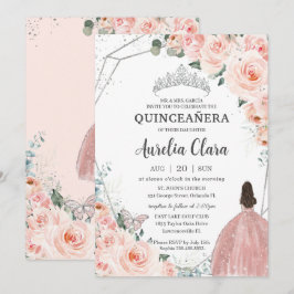 Convites Quinceañera Blush Princesa Floral Coroa