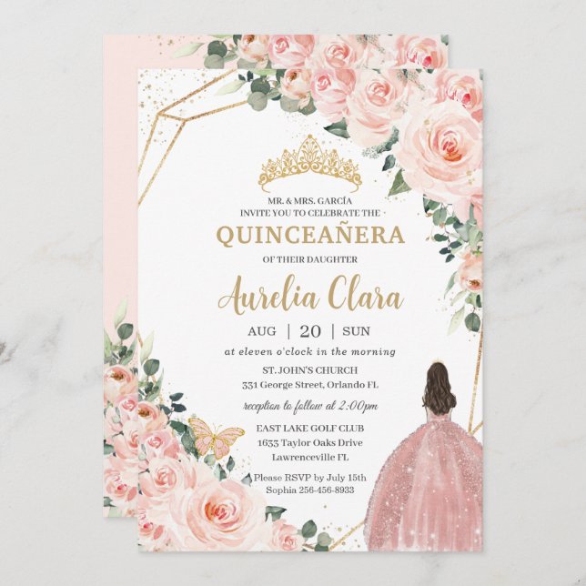 Convites Quinceañera Blush Princesa Floral Dourada Coroa (Frente/Verso)