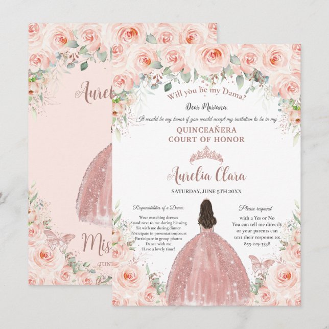 Convites Quinceañera Blush Rosa Floral Proposta Dama Dourad (Frente/Verso)