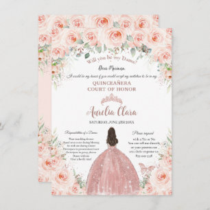 Convites Quinceañera Blush Rosa Floral Proposta Dama Dourad