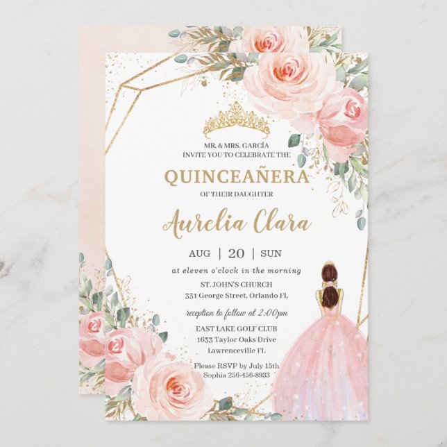Convites Quinceañera Blush Rosa Mis Quince Anos Inv (Frente/Verso)