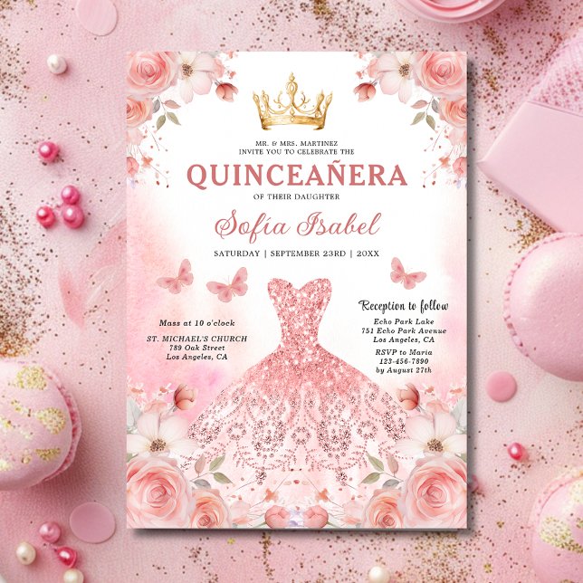 Convites Quinceañera Blush Rosa Rosa Floral Borboleta (Criador carregado)