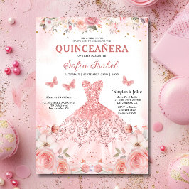 Convites Quinceañera Blush Rosa Rosa Floral Borboleta