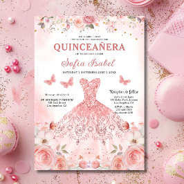 Convites Quinceañera Blush Rosa Rosa Floral Borboleta