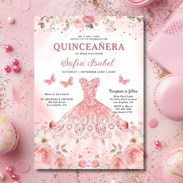 Convites Quinceañera Blush Rosa Rosa Floral Borboleta (Criador carregado)