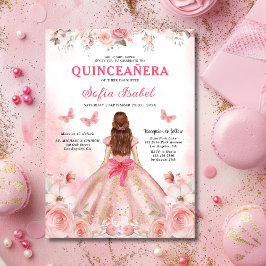Convites Quinceañera Blush Rosa Rosa Floral Borboleta