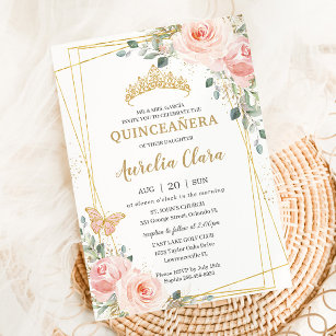 Convites Quinceañera Blush Rosa Rosa Rosa Floral Borboleta 