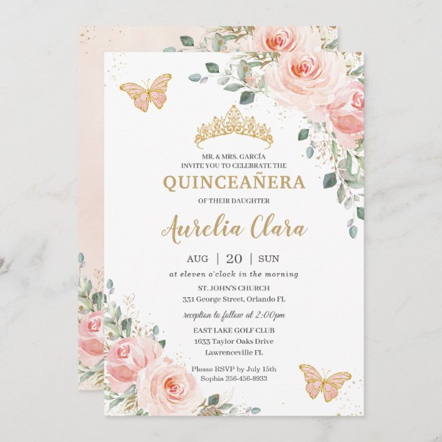 Convites Quinceañera Blush Rosa Rosa Rosa Floral Coroa (Frente/Verso)