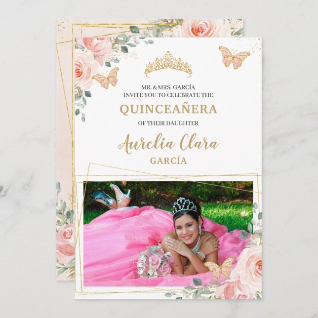Convites Quinceañera Blush Rosa Rosa Rosa Floral Foto (Frente/Verso)