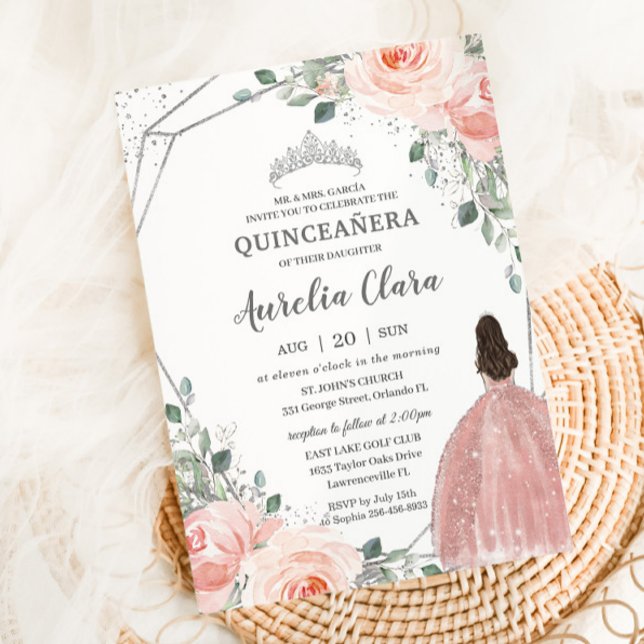 Convites Quinceañera Blush Rosa Rosa Rosa Floral Mis Quince (blush-floral-flowers-silver-princess-dress-quinceanera-15th-sweet-16-birthday-party-Invitation)