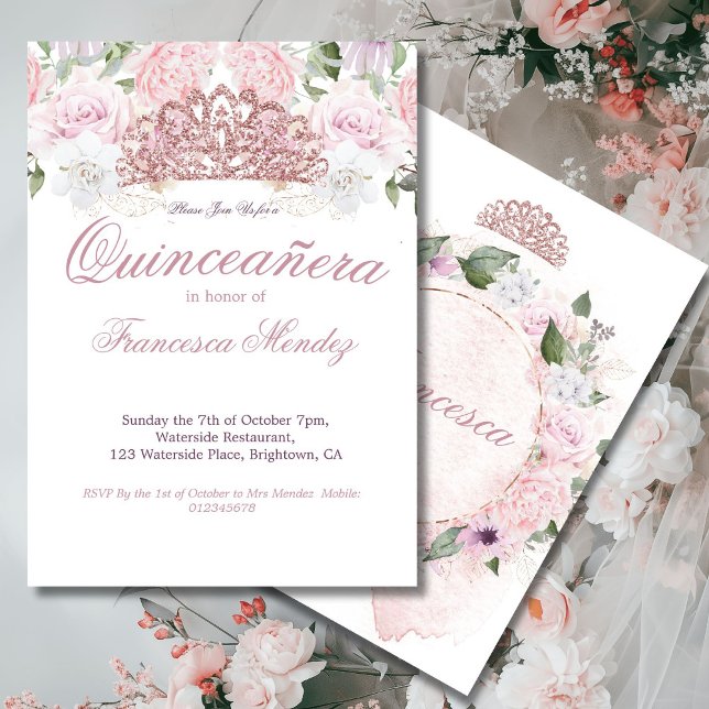 Convites Quinceanera Blush Rosa Tiara Floral (Criador carregado)